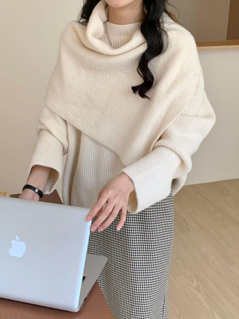 Set tricotat din două piese pentru femei – design asimetric cu șal, amestec acrilic/poliester, croială lejeră, toamnă-iarna