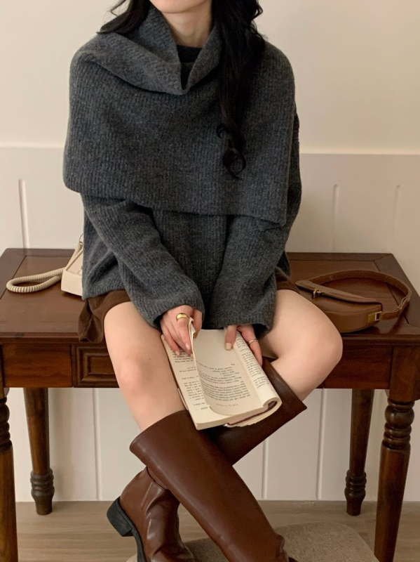 Set tricotat din două piese pentru femei – design asimetric cu șal, amestec acrilic/poliester, croială lejeră, toamnă-iarna