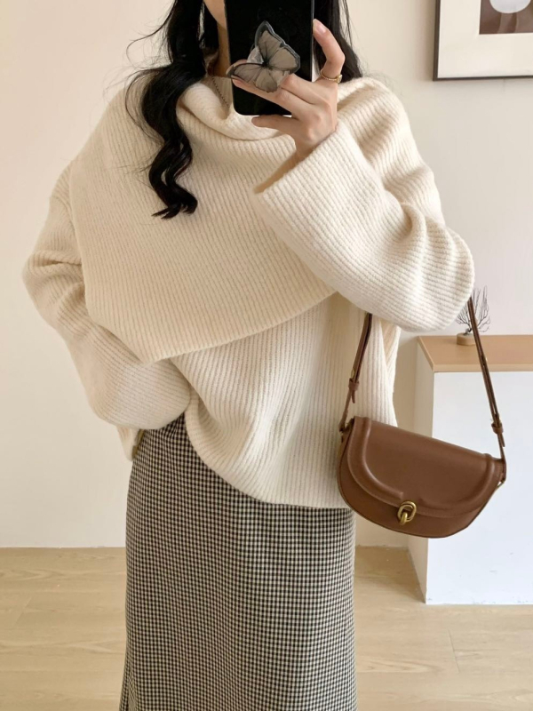 Set tricotat din două piese pentru femei – design asimetric cu șal, amestec acrilic/poliester, croială lejeră, toamnă-iarna