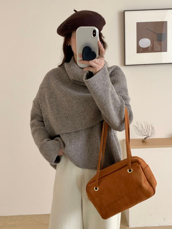 Set tricotat din două piese pentru femei – design asimetric cu șal, amestec acrilic/poliester, croială lejeră, toamnă-iarna