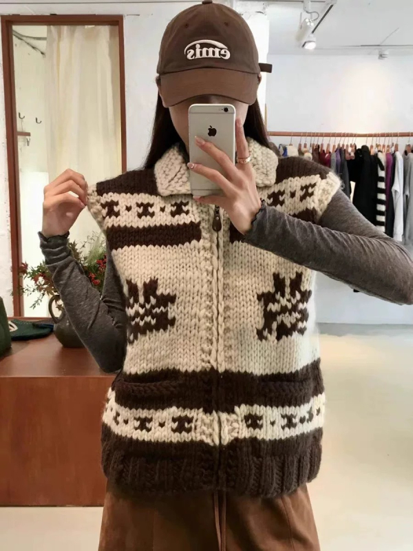 Női gyapjú ujjatlan kardigán cipzárral, kézzel kötött, Fair Isle reindeer mintával, koreai stílusú