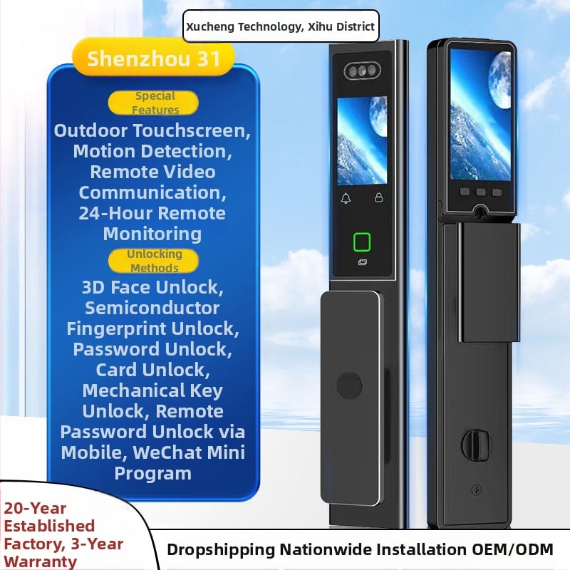 Smart zámok dverí s dvojitým displejom CNC gravírovanie, 3D rozpoznávanie tváre, prístup podľa odtlačku a hesla, proti krádeži, AC napájanie