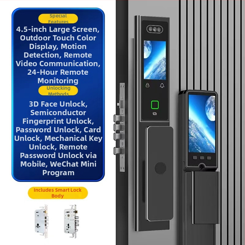 Smart zámok dverí s dvojitým displejom CNC gravírovanie, 3D rozpoznávanie tváre, prístup podľa odtlačku a hesla, proti krádeži, AC napájanie