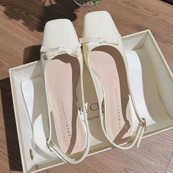 Sandale dama cu toc înalt, spate deschis, nod papion, vârf pătrat, stil coreean