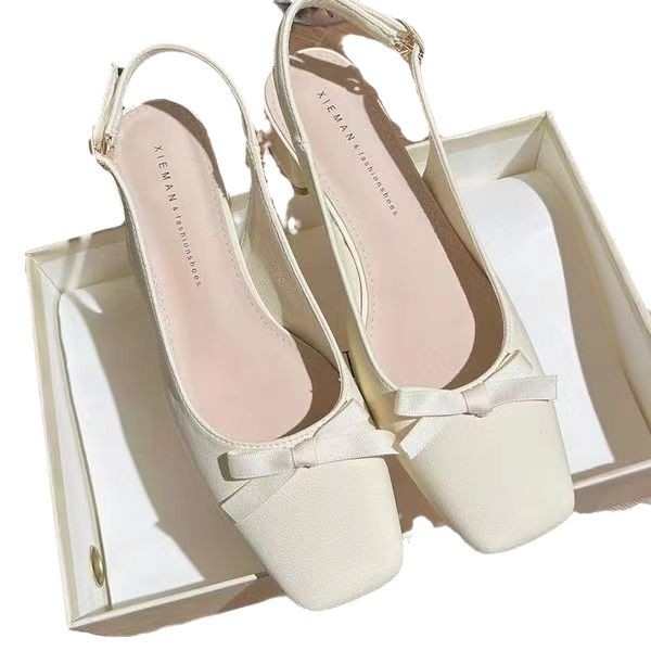 Sandale dama cu toc înalt, spate deschis, nod papion, vârf pătrat, stil coreean