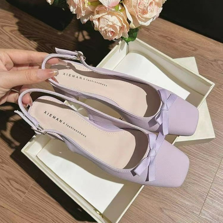 Sandale dama cu toc înalt, spate deschis, nod papion, vârf pătrat, stil coreean