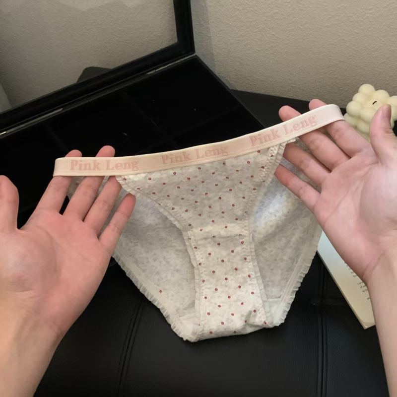 Chiloți din bumbac pentru fete, cu inserții de dantelă și imprimeu cu buline, respirabili, talie joasă, căptușeală din bumbac