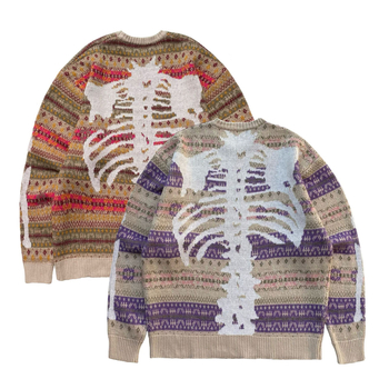 Pulover tricotat din amestec de lână, guler rotund, croială lejeră, țesătură groasă, stil etnic