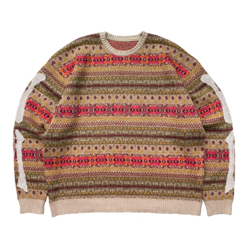 Pulover tricotat din amestec de lână, guler rotund, croială lejeră, țesătură groasă, stil etnic