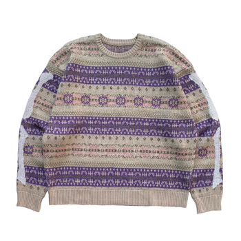 Pulover tricotat din amestec de lână, guler rotund, croială lejeră, țesătură groasă, stil etnic