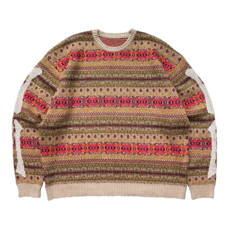 Pulover tricotat din amestec de lână, guler rotund, croială lejeră, țesătură groasă, stil etnic