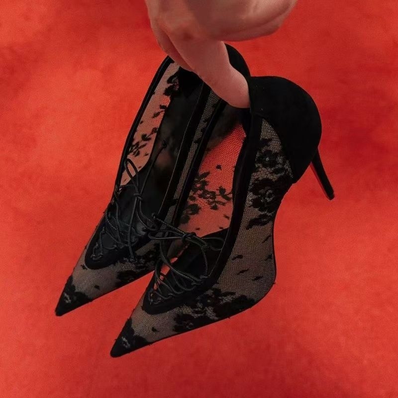Pantofi cu plasă din dantelă, vârf ascuțit, toc subțire peste 8 cm, broderie, vară 2025