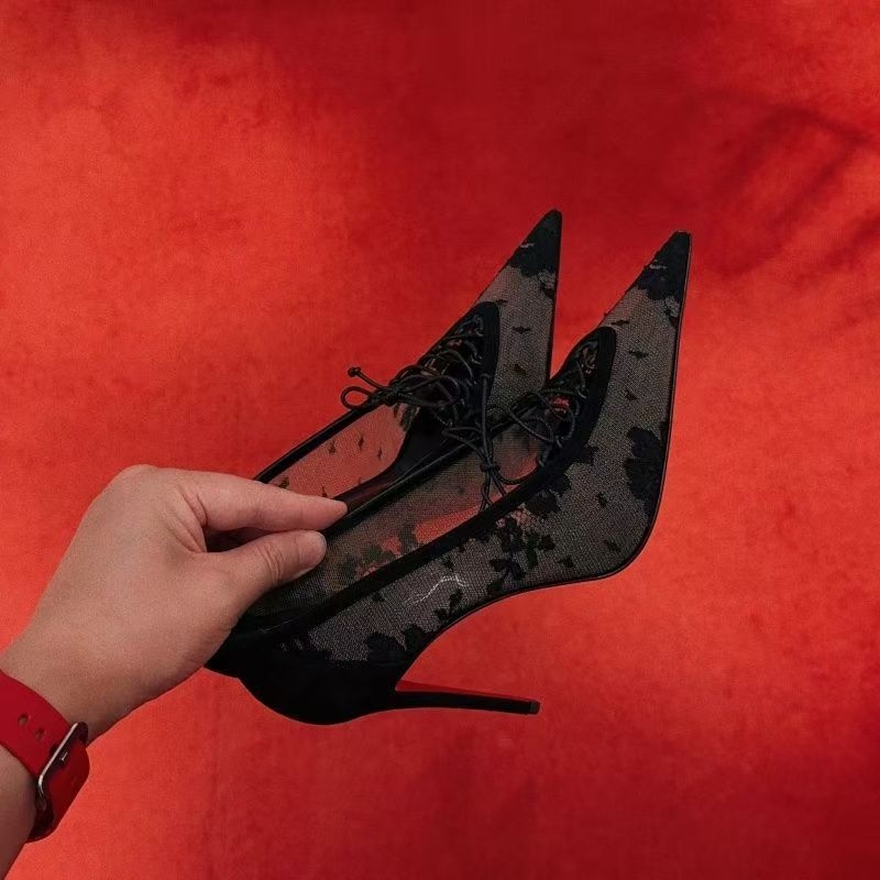 Pantofi cu plasă din dantelă, vârf ascuțit, toc subțire peste 8 cm, broderie, vară 2025