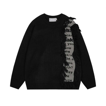 Pulover american retro cu jacquard și margine din blană, cusături în contrast, croială lejeră, guler rotund, 100% acrilic