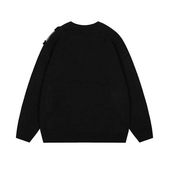 Pulover american retro cu jacquard și margine din blană, cusături în contrast, croială lejeră, guler rotund, 100% acrilic