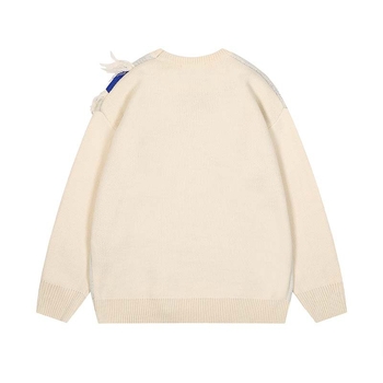 Pulover american retro cu jacquard și margine din blană, cusături în contrast, croială lejeră, guler rotund, 100% acrilic