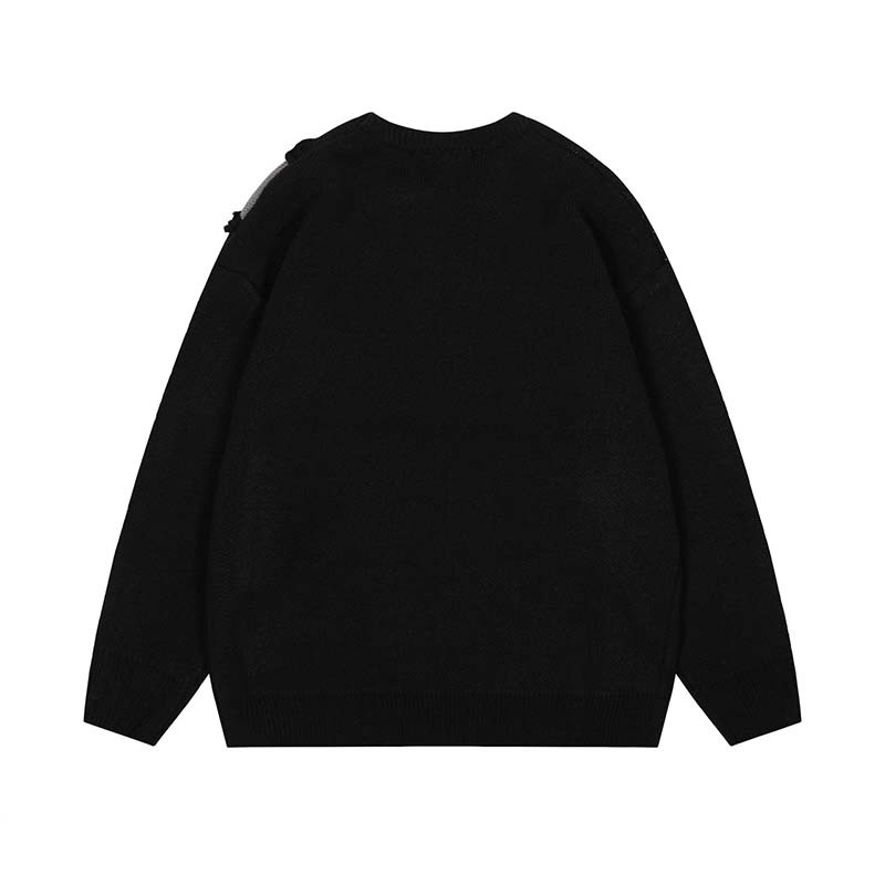 Pulover american retro cu jacquard și margine din blană, cusături în contrast, croială lejeră, guler rotund, 100% acrilic