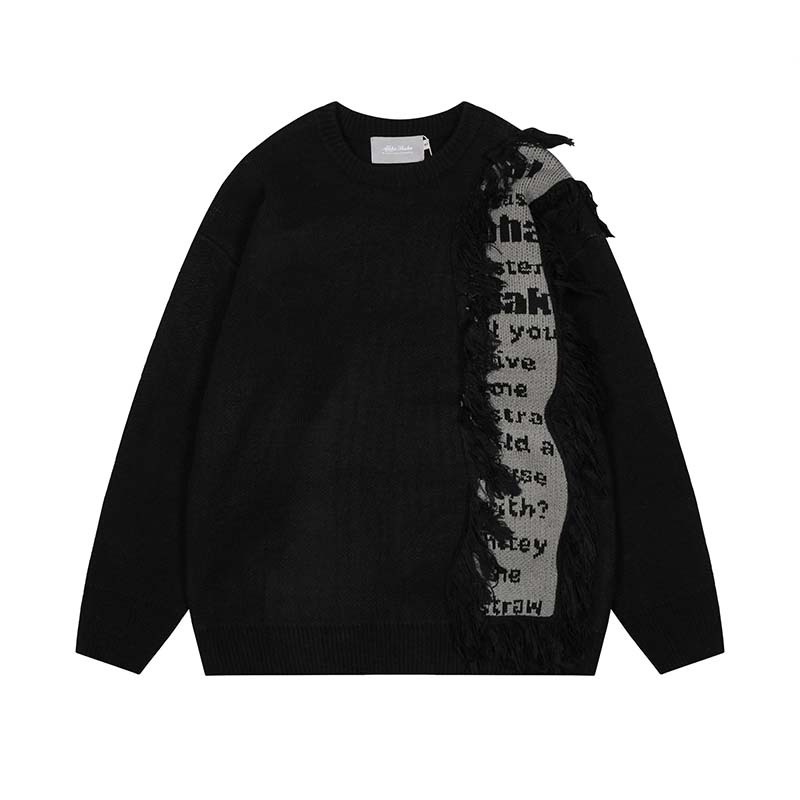 Pulover american retro cu jacquard și margine din blană, cusături în contrast, croială lejeră, guler rotund, 100% acrilic