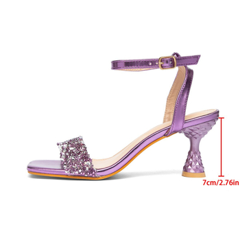 Sandale dama cu toc înalt, cu o bretea, PU partea superioară și PU interior, talpă din cauciuc, toc 6-8 cm, toc subțire, închidere cu cataramă