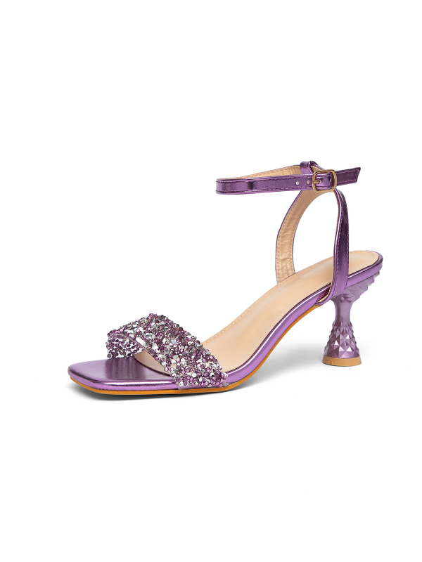 Sandale dama cu toc înalt, cu o bretea, PU partea superioară și PU interior, talpă din cauciuc, toc 6-8 cm, toc subțire, închidere cu cataramă