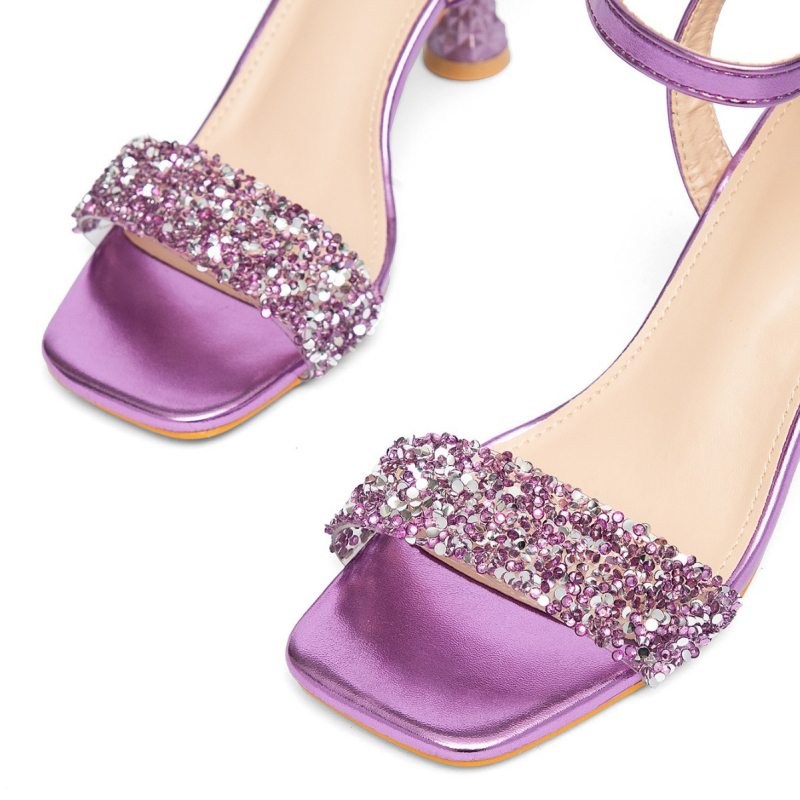 Sandale dama cu toc înalt, cu o bretea, PU partea superioară și PU interior, talpă din cauciuc, toc 6-8 cm, toc subțire, închidere cu cataramă