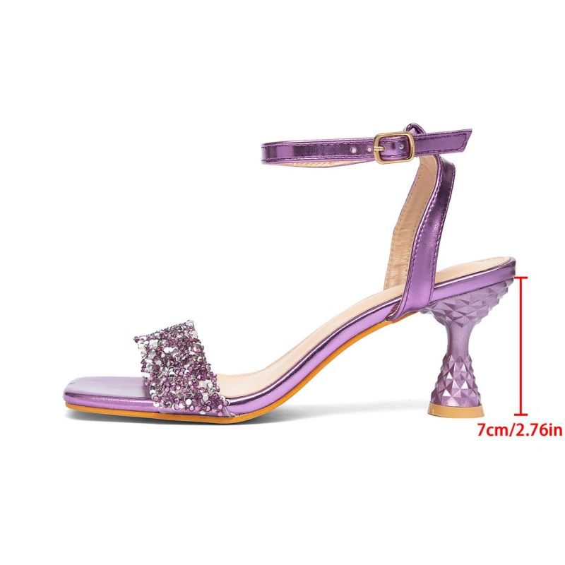 Sandale dama cu toc înalt, cu o bretea, PU partea superioară și PU interior, talpă din cauciuc, toc 6-8 cm, toc subțire, închidere cu cataramă