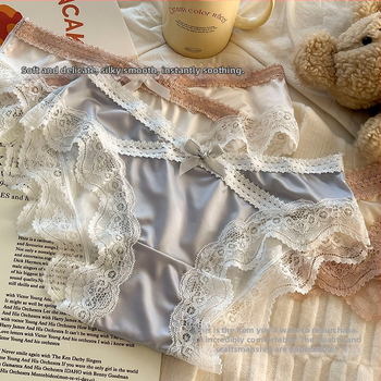 Lenjerie de damă Ice Silk, căptușeală din bumbac în zona inghinală, croială triunghiulară, talie medie, dantelă