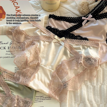 Lenjerie de damă Ice Silk, căptușeală din bumbac în zona inghinală, croială triunghiulară, talie medie, dantelă