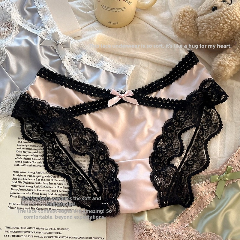 Lenjerie de damă Ice Silk, căptușeală din bumbac în zona inghinală, croială triunghiulară, talie medie, dantelă