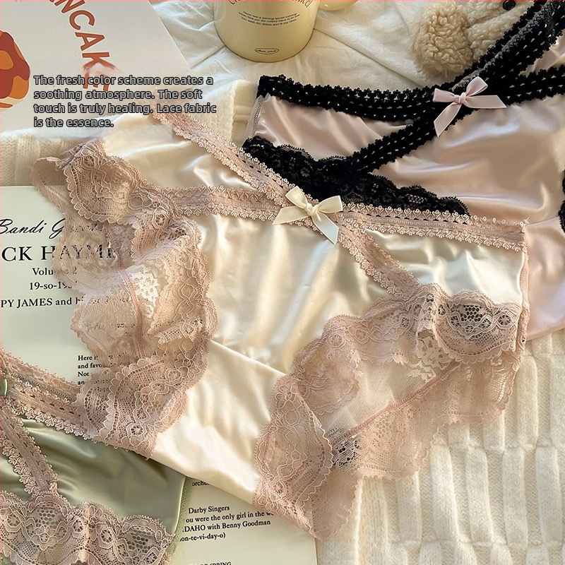 Lenjerie de damă Ice Silk, căptușeală din bumbac în zona inghinală, croială triunghiulară, talie medie, dantelă