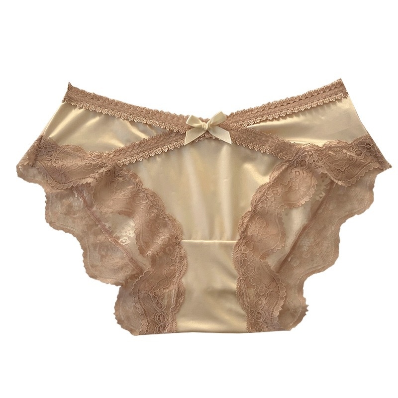 Lenjerie de damă Ice Silk, căptușeală din bumbac în zona inghinală, croială triunghiulară, talie medie, dantelă