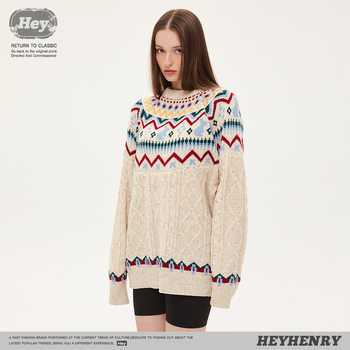 Fair Isle mintázatú kötött pulóver, kerek nyak, hosszú ujjak, laza szabás