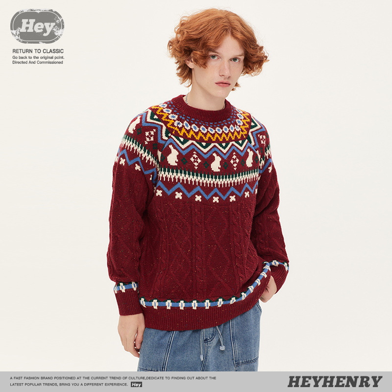 Fair Isle mintázatú kötött pulóver, kerek nyak, hosszú ujjak, laza szabás