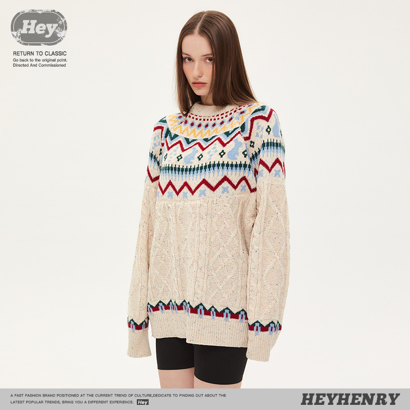 Fair Isle mintázatú kötött pulóver, kerek nyak, hosszú ujjak, laza szabás