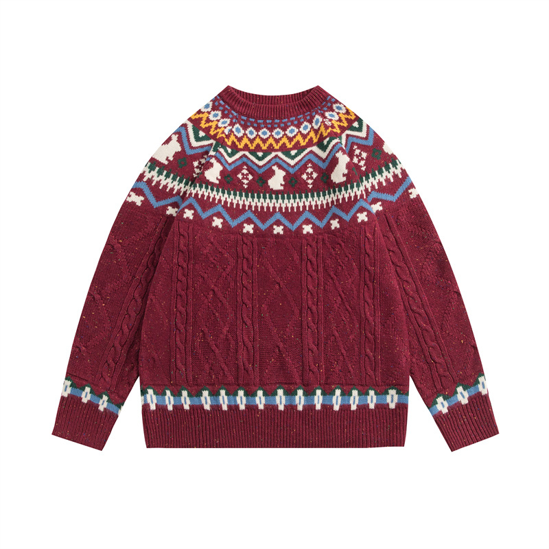 Fair Isle mintázatú kötött pulóver, kerek nyak, hosszú ujjak, laza szabás