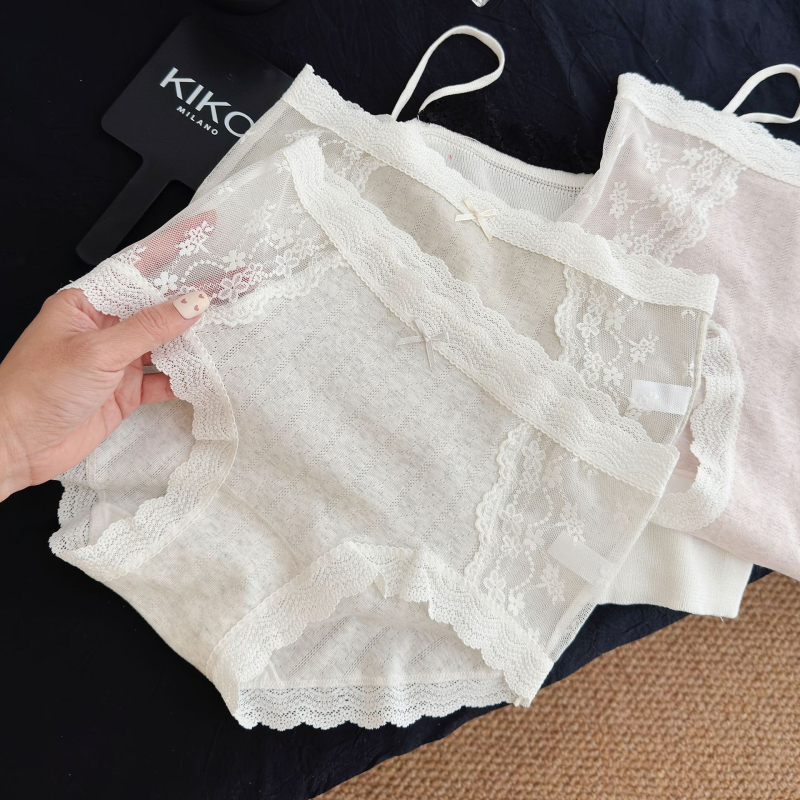 Matcha Girl francia stílus patchwork csipke áttört, pamut légáteresztő középmagasságú alsónemű lányoknak