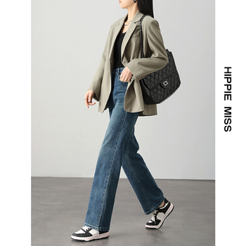 Дънкови дънки с прави крачоли, висока талия, деним памук, пролет 2025