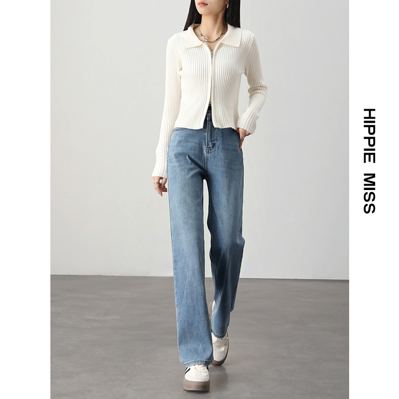 Дънкови дънки с прави крачоли, висока талия, деним памук, пролет 2025