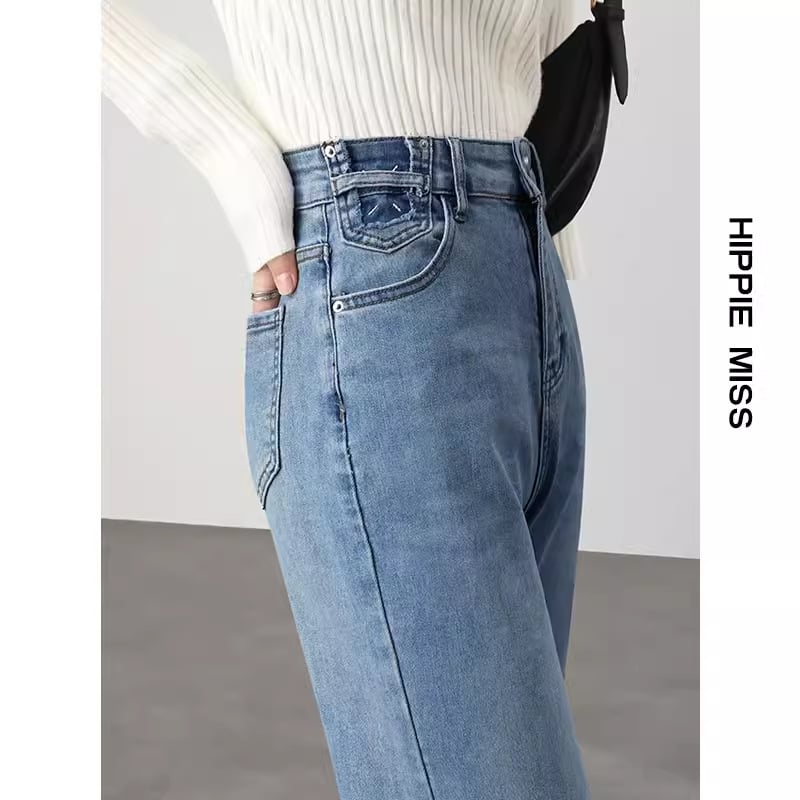 Дънкови дънки с прави крачоли, висока талия, деним памук, пролет 2025