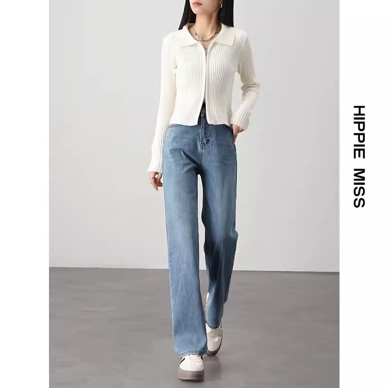 Дънкови дънки с прави крачоли, висока талия, деним памук, пролет 2025