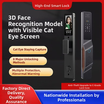 Inteligentný zámok s rozpoznávaním tváre, odtlačkami a heslom, s viditeľným kukátkom; overenie 1:1, 100 odtlačkov v pamäti, sken <1 s, falošné prijatie <1%, falošné odmietnutie <1%