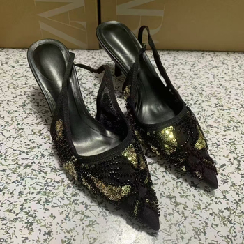 Stiletto sandale sa stražnjim remenom, oštar vrh, tanak potpetica 6–8 cm, gornji materijal od super vlakana, gumeni potplat