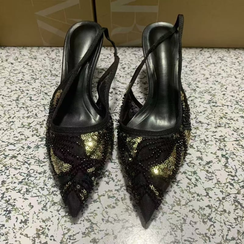 Stiletto sandale sa stražnjim remenom, oštar vrh, tanak potpetica 6–8 cm, gornji materijal od super vlakana, gumeni potplat