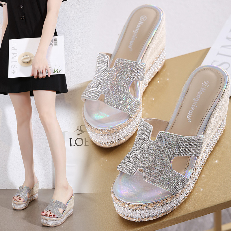 Sandale s klina s rhinestones, vodootporna platforma, gornji dio od mikrovlakana, podmetač od gumena