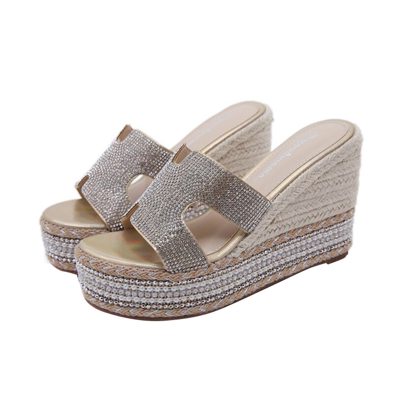 Sandale s klina s rhinestones, vodootporna platforma, gornji dio od mikrovlakana, podmetač od gumena