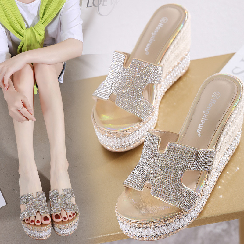 Sandale s klina s rhinestones, vodootporna platforma, gornji dio od mikrovlakana, podmetač od gumena
