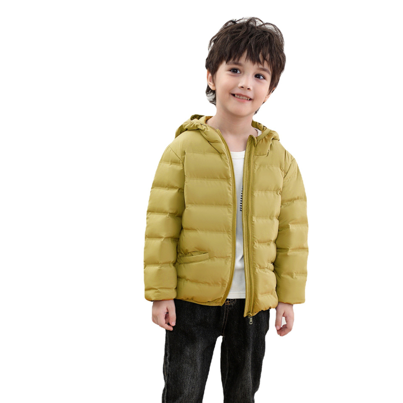 Gyermekeknek szánt kapucnis, varrat nélküli tollkabát fehér kacsa tollal tömés, külső és bélés nejlonból