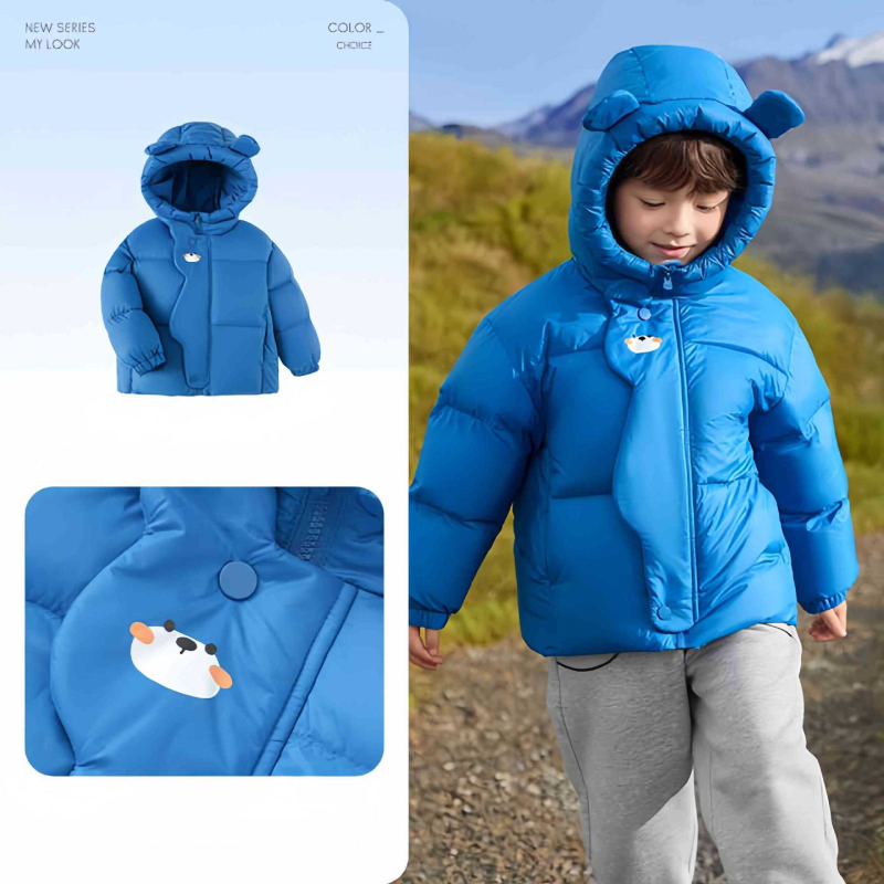 Gyerekeknek szánt téli dzseki, 3–8 éveseknek, fehér kacsa tollal töltött, nylon külső, vastag kivitel