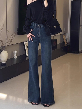 Дънки с висока талия, подплатени флийсом, ретро стил, разкроени крачоли, памучно-разтеглив деним, зима 2025