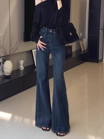 Дънки с висока талия, подплатени флийсом, ретро стил, разкроени крачоли, памучно-разтеглив деним, зима 2025